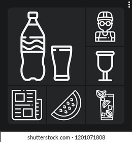 Set of 6 table outline icons such as cup, news, gin tonic, soda, watermelon