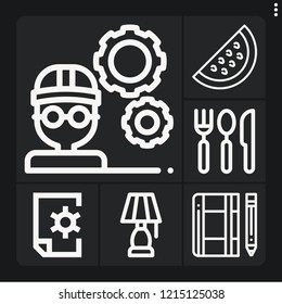 Set of 6 table outline icons such as watermelon, architect, notebook, settings, lamp