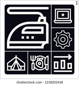 Set of 6 table outline icons such as settings, iron, bar chart, tent, restaurant