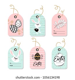 Set of 6 tags. Easter background with eggs, rabbits and twigs. Vector illustration.