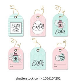 Set of 6 tags. Easter background with eggs, rabbits and twigs. Vector illustration.