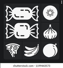 Set of 6 tasty filled icons such as bananas, pizza, candies, peach, kiwi