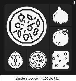 Set of 6 tasty filled icons such as pizza, orange, cheese, durian