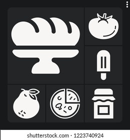 Set of 6 tasty filled icons such as pizza, tomato, tangerine, ice cream, jam