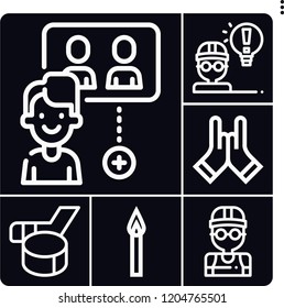 Set Of 6 Team Outline Icons Such As Architect, Hockey Sticks, Match, High Five