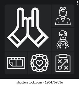 Set of 6 team outline icons such as scoreboard, dependable, nurse, strategy, group
