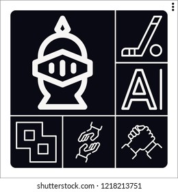 Set of 6 team outline icons such as merge, character, knight, handshake, hockey sticks