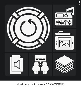Set of 6 technology filled icons such as levels, reset, audio file, graphic tablet, conversation
