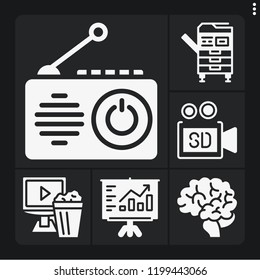 Set of 6 technology filled icons such as brain, video player, radio, video camera, photocopier