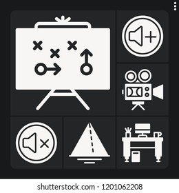 Set of 6 technology filled icons such as volume, video camera, mute, triangle, strategy