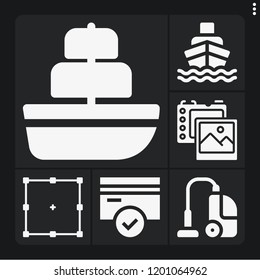 Set of 6 technology filled icons such as ship, photo camera, edit, vacuum cleaner