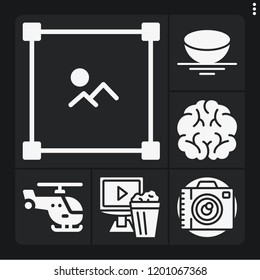 Set of 6 technology filled icons such as brain, video player, photo camera, sphere, edit