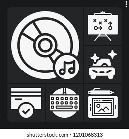 Set of 6 technology filled icons such as compact disc, keyboard, graphic tablet, strategy, clean car