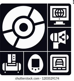 Set of 6 technology filled icons such as tamagotchi, diagnostic, air compressor, compact disc, share