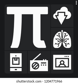 Set of 6 technology filled icons such as lungs, smartphone, pi, skype, radio