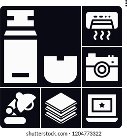 Set of 6 technology filled icons such as layers, desk lamp, camera, usb, air conditioner