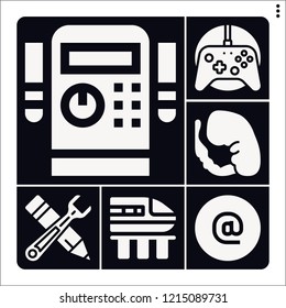 Set of 6 technology filled icons such as gamepad, embryo, tools, high speed train, at