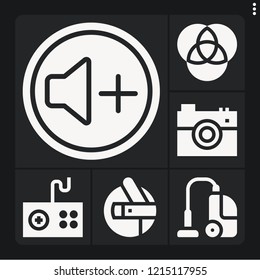 Set of 6 technology filled icons such as volume, vacuum cleaner, rgb, camera, shuttle
