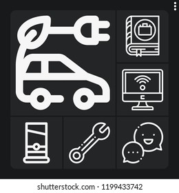 Set of 6 technology outline icons such as guillotine, electric car, wrench, chat, wifi