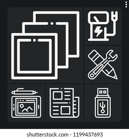 Set of 6 technology outline icons such as layers, electric tower, news, graphic tablet, pendrive