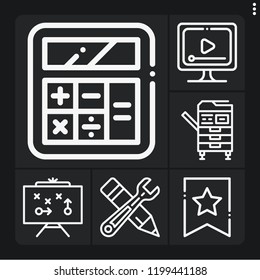 Set of 6 technology outline icons such as save button, video player, calculator, strategy, photocopier