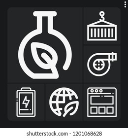 Set of 6 technology outline icons such as landing page, battery status, ecology, chemistry, air filter