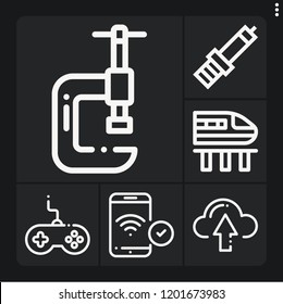 Set of 6 technology outline icons such as phone, clamp, gamepad, upload, high speed train