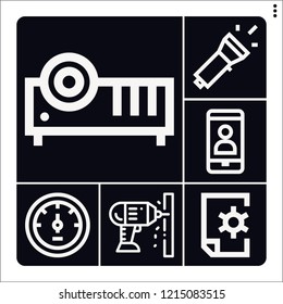 Set of 6 technology outline icons such as drill, tachometer, settings, projector, phone