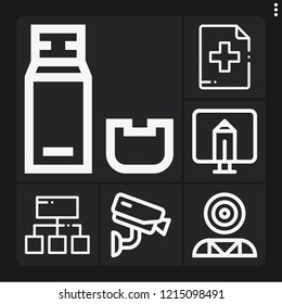Set of 6 technology outline icons such as structure, add button, monitor, mind control, usb