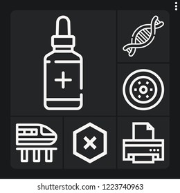 Set of 6 technology outline icons such as high speed train, brake disc, block, medicine, printer