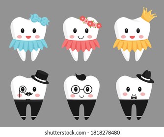 Set of 6 teeth characters. Girls in a dress and with a wreath, crown and bow. Boys with glasses and hats. The design elements in funny cartoon style.Pediatric dentistry.Healthy teeth. Isolated on gray