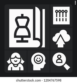 Set of 6 template filled icons such as avatar, upload, magazine, happiness, search