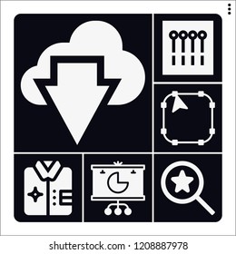 Set of 6 template filled icons such as pie chart, , shirt, search, pins