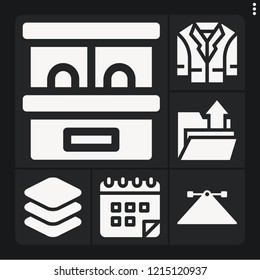Set of 6 template filled icons such as , ticket office, layers, upload, jacket