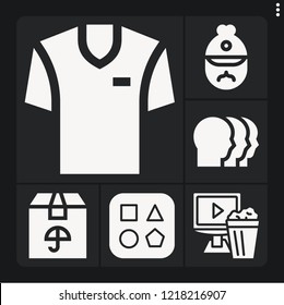 Set of 6 template filled icons such as video player, shapes, package, shirt