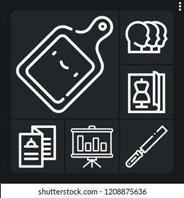 Set of 6 template outline icons such as cutting, bar chart, menu, kitchen board, magazine
