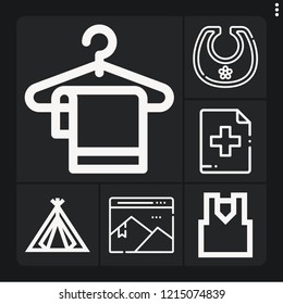 Set of 6 template outline icons such as add button, picture, tent, towels, bib