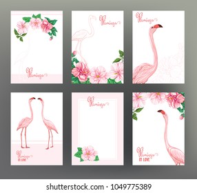 Set of 6 template of postcard, banner, invitation, gift voucher with pink flamingo and tropical flowers. Stock vectorÂ illustration.