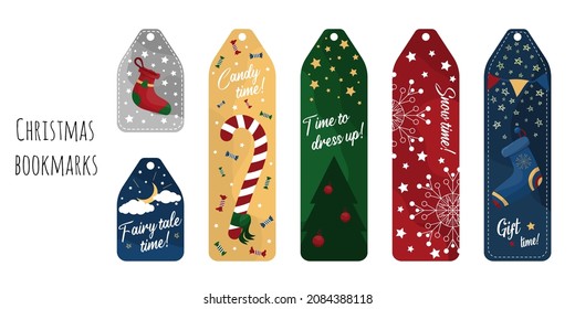 Set of 6 templates of bright and colorful bookmarks about Christmas. Christmas children's bookmarks with a Christmas tree, socks, sweets, snowflakes and stars. Isolated on a white background.