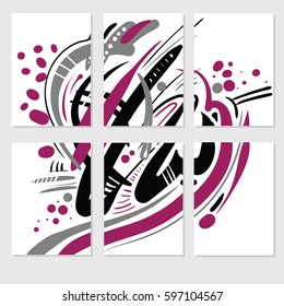 Set of 6 templates from one abstract picture. Hand drawn textures. Creative abstract design for social brochure, card, banner. Isolated elements