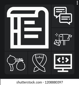 Set of 6 text outline icons such as chat, ribbon, coding, stork