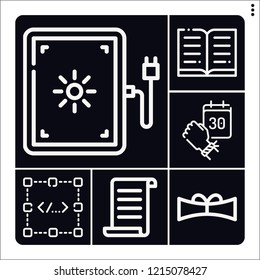 Set of 6 text outline icons such as papyrus, book, lightbox, scroll, coding