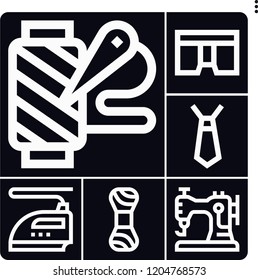 Set of 6 textile outline icons such as spool of thread, iron, wool ball, underwear, sewing machine