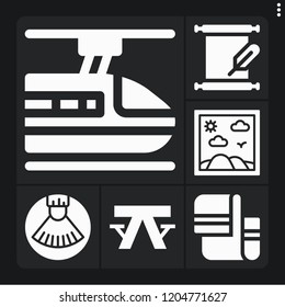 Set of 6 texture filled icons such as painting, paint brush, subway, manuscript, towel