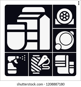 Set of 6 texture filled icons such as circle, spray, tyre, spool of thread, towel