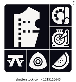 Set of 6 texture filled icons such as color palette, embroidery, picnic table, pattern design, chalk