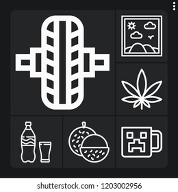Set of 6 texture outline icons such as soda, lychee, painting, tire, marijuana