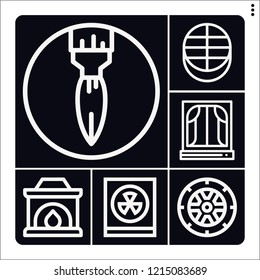 Set of 6 texture outline icons such as paint brush, tire, window, radioactivity, puck