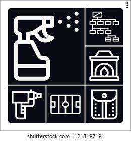 Set of 6 texture outline icons such as spray, particle gun, connection, hockey pitch, pocket