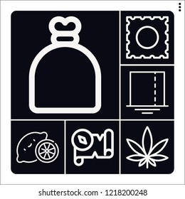Set of 6 texture outline icons such as sack, square, marijuana, lsd, treasure map